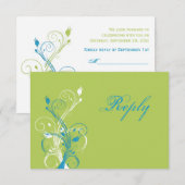 Tuurquoise Blauw, Groen en Wit Bloem Motief Antwoo Kaart (Voorkant / Achterkant)