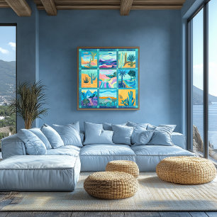 Tuurquoise en Blauw Omrande Woestijn Kunst Raster  Perfect Poster