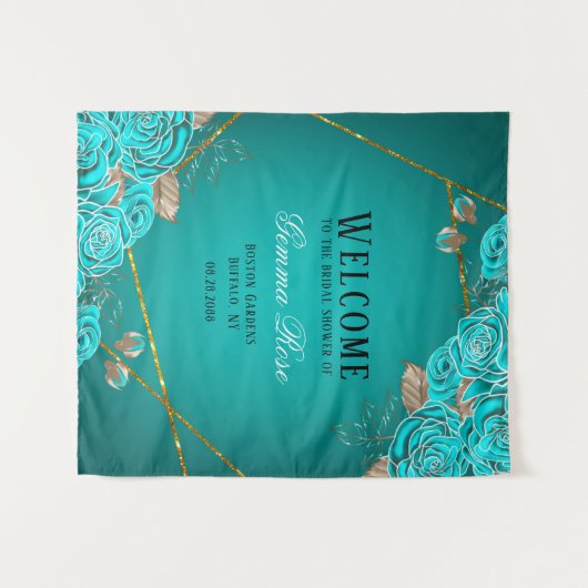 Tuurquoise en Gouden Bloemachtige Bruiloftswelkom Wandkleed (Voorkant (horizontaal))