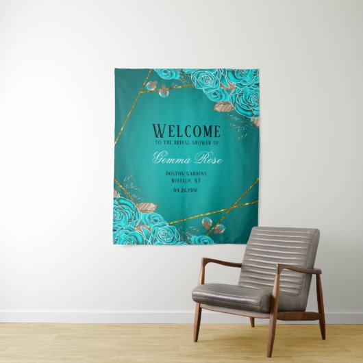 Tuurquoise en Gouden Bloemen Bruiloft Feest Welkom Wandkleed (In situ)
