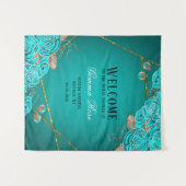Tuurquoise en Gouden Bloemen Bruiloft Feest Welkom Wandkleed (Voorkant (horizontaal))