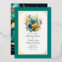Tuurquoise en Gouden Bloemen Bruiloft Folie Uitnod
