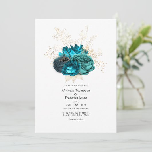 Tuurquoise en Gouden Bloemen Bruiloft Kaart (Staand voorkant)