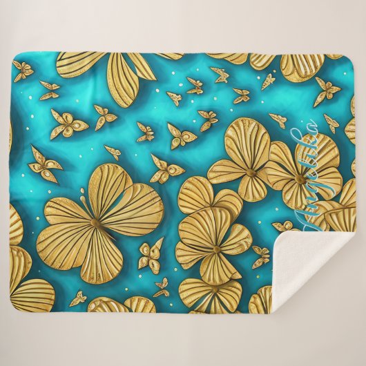 Tuurquoise en Gouden Bloemen Gepersonaliseerde Naa Sherpa Deken (Voorkant (horizontaal))