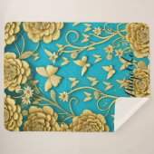 Tuurquoise en Gouden Bloemen Persoonlijke Naam Sherpa Deken (Voorkant (horizontaal))