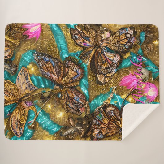 Tuurquoise en Gouden Vlinders Persoonlijke Naam Sherpa Deken (Voorkant (horizontaal))