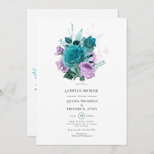 Tuurquoise en lavendel bloemige coupleshower kaart (Voorkant / Achterkant)