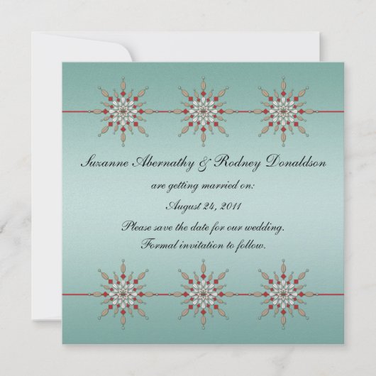 Tuurquoise en Rode Versiering Save The Date (Voorkant)