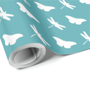 Tuurquoise en Witte Vlinder en Libel Patroon Cadeaupapier