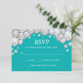 Tuurquoise en zilveren diamant glitters RSVP kaart (Staand voorkant)
