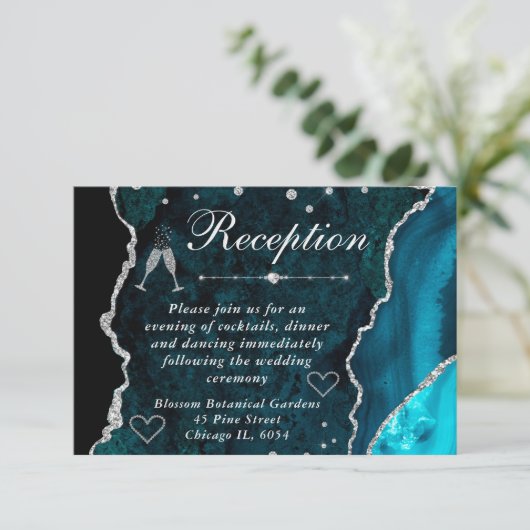 Tuurquoise en Zilveren Nep Glitter Agate Ontvangst Informatiekaartje (Staand voorkant)