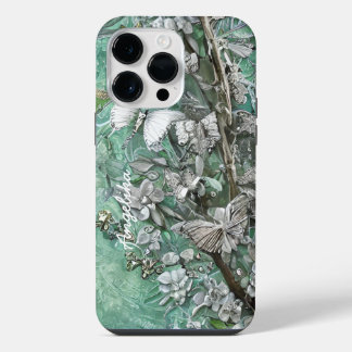 Tuurquoise en Zilveren Vlinders met Gepersonalisee iPhone 14 Pro Max Hoesje