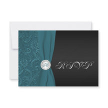 Tuurquoise en Zwarte Damast Monogram RSVP Kaart