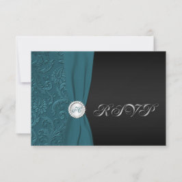 Tuurquoise en Zwarte Damast Monogram RSVP Kaart
