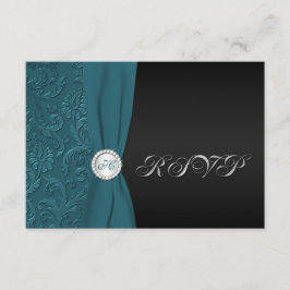 Tuurquoise en Zwarte Damast Monogram RSVP Kaart