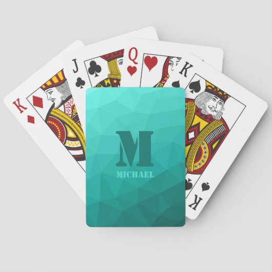 Tuurquoise geometrisch rasterpatroon Monogram Pokerkaarten (Achterkant)