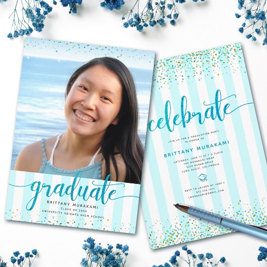 Tuurquoise glitterscript afstudeerfoto modern kaart
