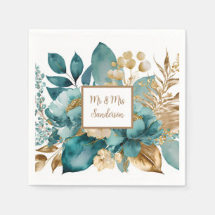 Tuurquoise & Gouden Bloemen Bruiloft Servet