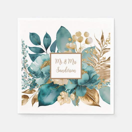 Tuurquoise & Gouden Bloemen Bruiloft Servet (Voorkant)