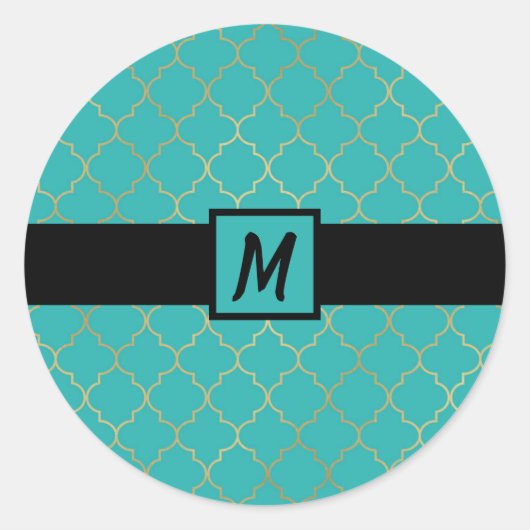 Tuurquoise & Gouden Quatrefoil Monogram Feest Ronde Sticker (Voorkant)