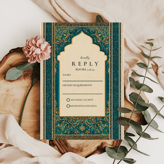Tuurquoise islamitische trouwboog RSVP kaartje