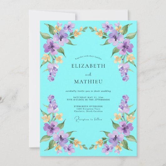 Tuurquoise Lila Wilde Bloemen Bruiloft Kaart (Voorkant)
