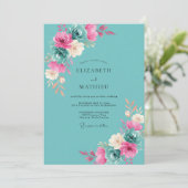 Tuurquoise Magenta Ranunculus Eucalyptus Bruiloft Kaart (Staand voorkant)