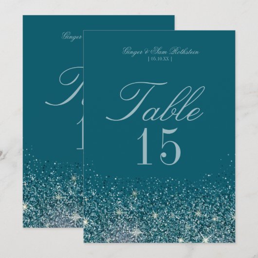 Tuurquoise & Mint Glitter Tafel Nummer Kaarten (Voorkant / Achterkant)