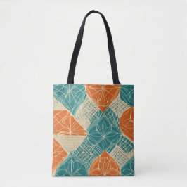 Tuurquoise, oranje en taupe abstracte bloemen tote bag