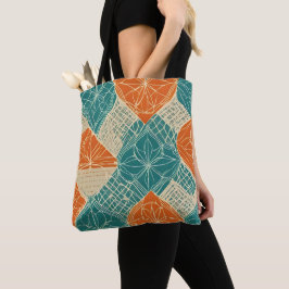 Tuurquoise, oranje en taupe abstracte bloemen tote bag