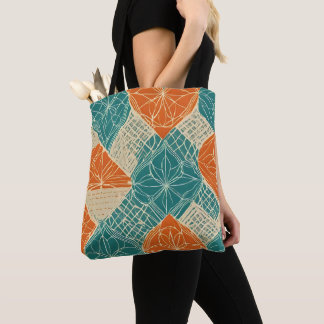 Tuurquoise, oranje en taupe abstracte bloemen tote bag