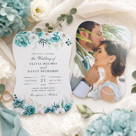 Tuurquoise Wit Wilde Bloemen Koppel Foto Bruiloft Kaart