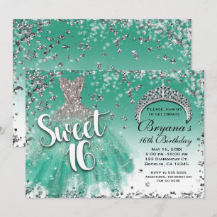 Tuurquoise & Zilver Glitter Glamour Jurk Sweet 16  Kaart