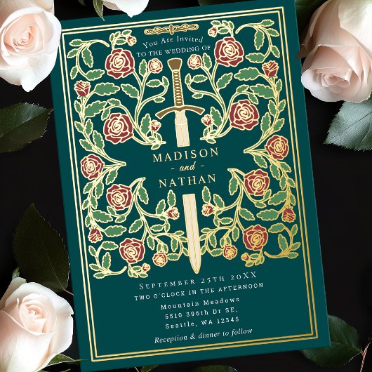 Tuurzwrd Florale Middeleeuwse Fantasy Bruiloft Folie Uitnodiging