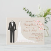 Tux & Gown, cherry blossom Couple's Vrijgezellenfe Kaart (Staand voorkant)