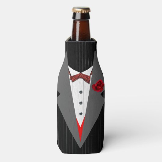 Tuxedo Afbeelding, rode Tartan Dickybow, grijze re Flesjeskoeler (Fles Voorkant)