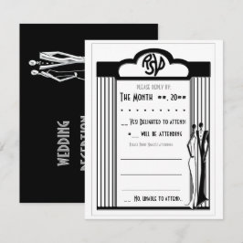 Tuxedo - Art Deco - Zwart op witte RSVP-kaart RSVP Kaartje