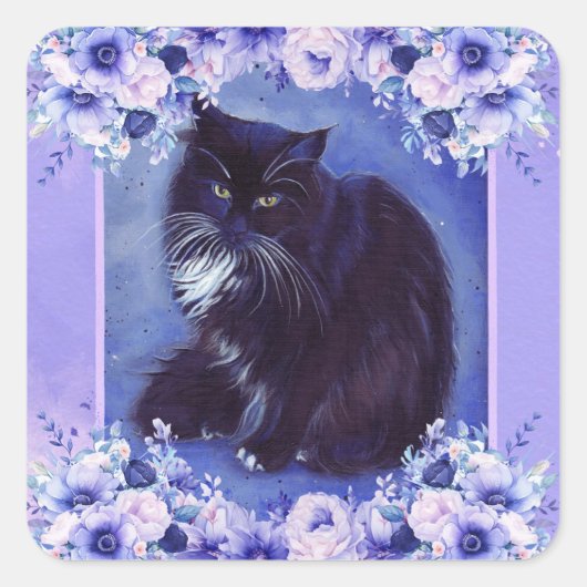 Tuxedo black and white cat art by Renee Lavoie  Vierkante Sticker (Voorkant)