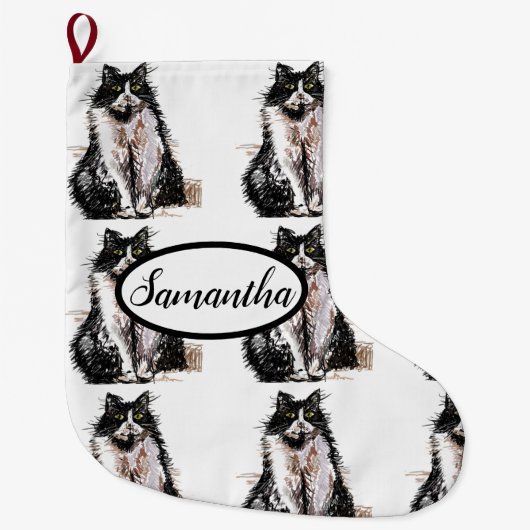Tuxedo Black en White Cat Cats kerststaart Grote Kerstsok (Voorkant)
