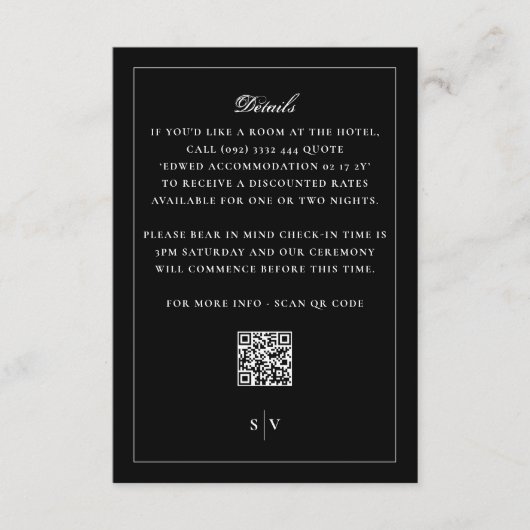 Tuxedo Black Monogram QR CODE Elegant Wedding Informatiekaartje (Voorkant)