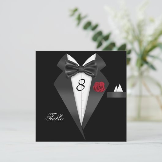 Tuxedo Black Table Number Seed Place Card Kaart (Staand voorkant)