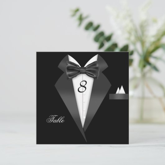 Tuxedo Black Table Number Seed Place Card Kaart (Staand voorkant)