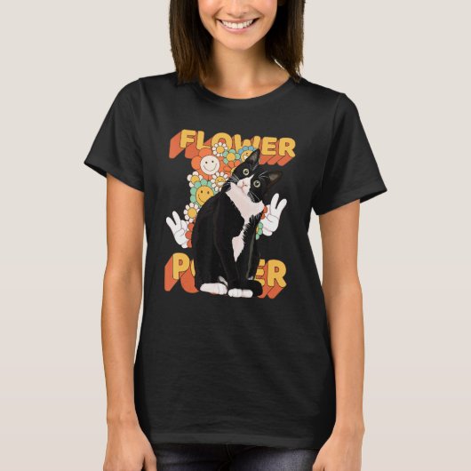 Tuxedo Cat 60s 70s Bloemen Vredesbord T-shirt (Voorkant)
