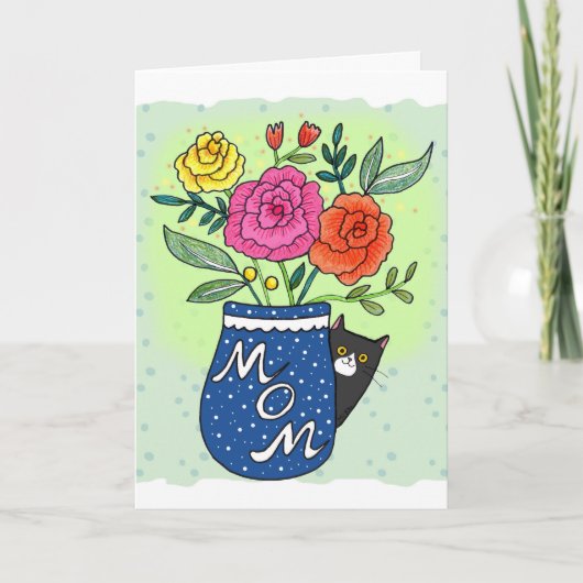 Tuxedo Cat and Flowers Custom Text Mother's Day Kaart (Voorkant)