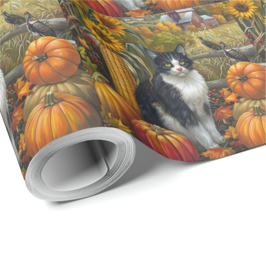Tuxedo Cat Autumn Harvest Thanksgiving Cadeaupapier (Rol Hoek)