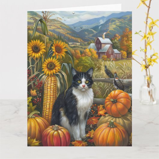 Tuxedo Cat Autumn Harvest Thanksgiving Kaart (Gele Bloem)