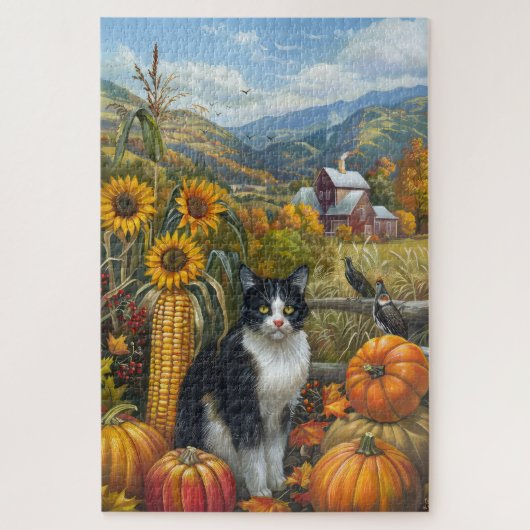 Tuxedo Cat Autumn Harvest Thanksgiving Legpuzzel (Verticaal)