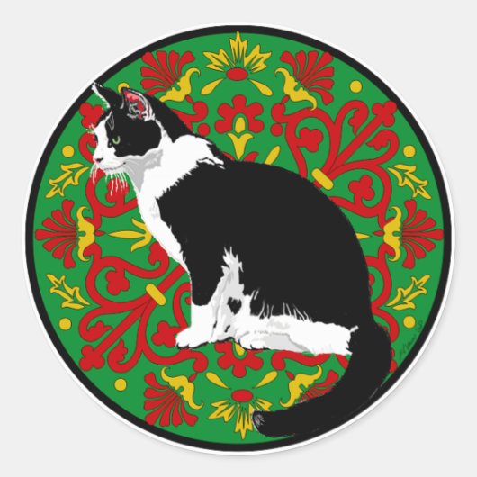 Tuxedo Cat Baroque Ronde Sticker (Voorkant)