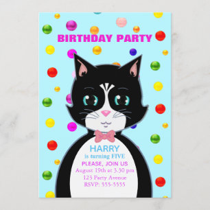 Tuxedo Cat Birthday Party Invitation Kaart