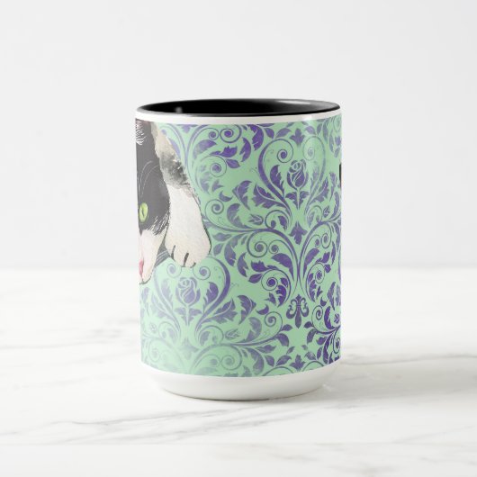 Tuxedo Cat & Black Cat op Damask Print Mok (Midden)